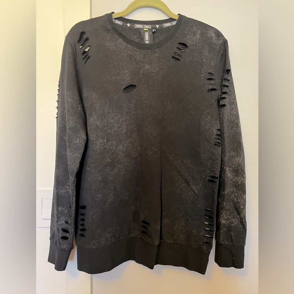 Criminal Damage Distressed Washed Black Crewneck Sweater